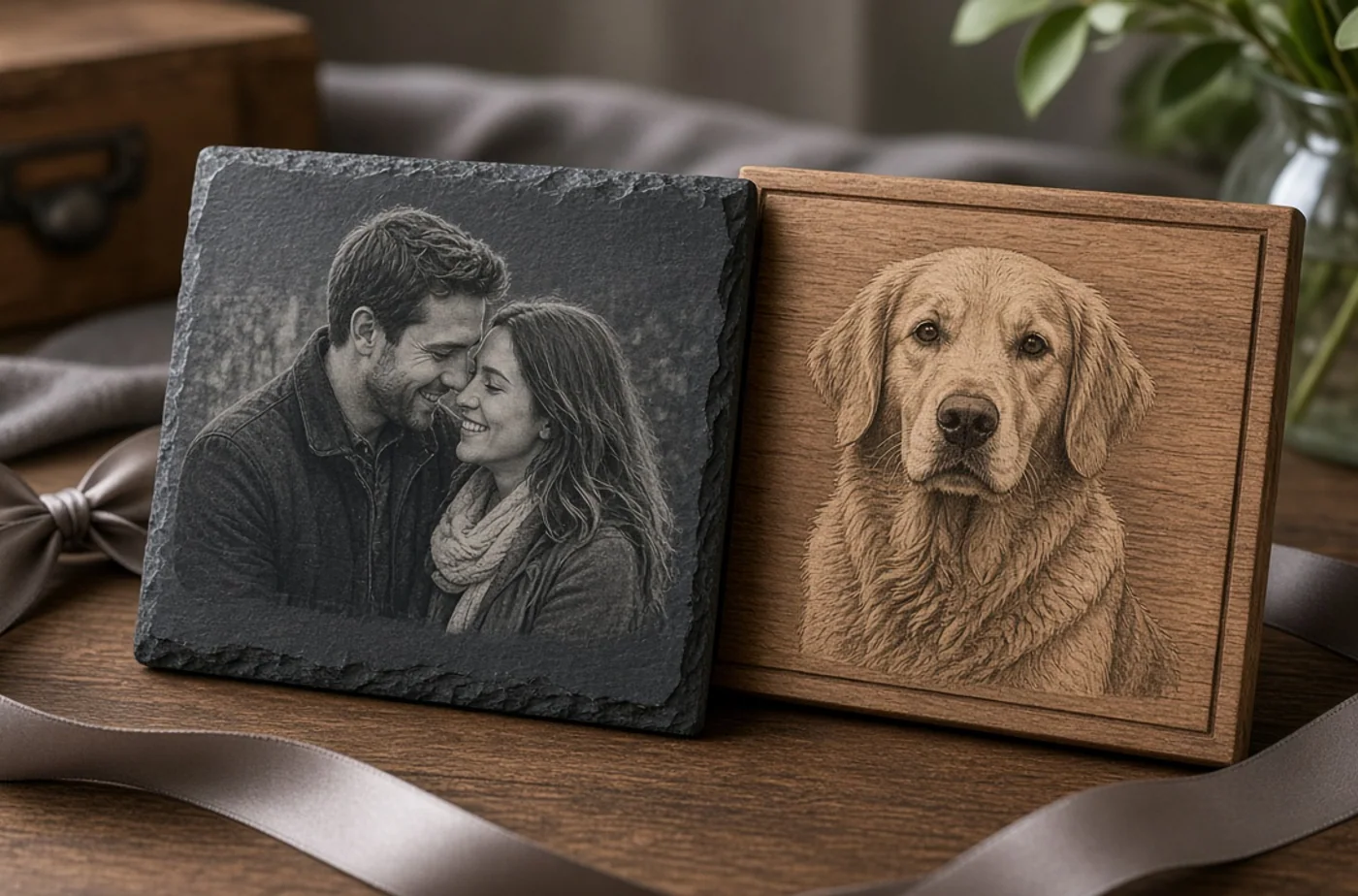 Finished custom product inspiration for photo engraving on slate versus wood